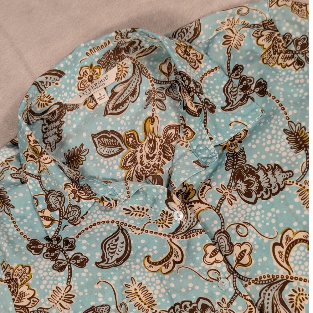 NEW Liverpool Los Angeles Womens Pastel Turquoise Floral Button Down Shirt Small